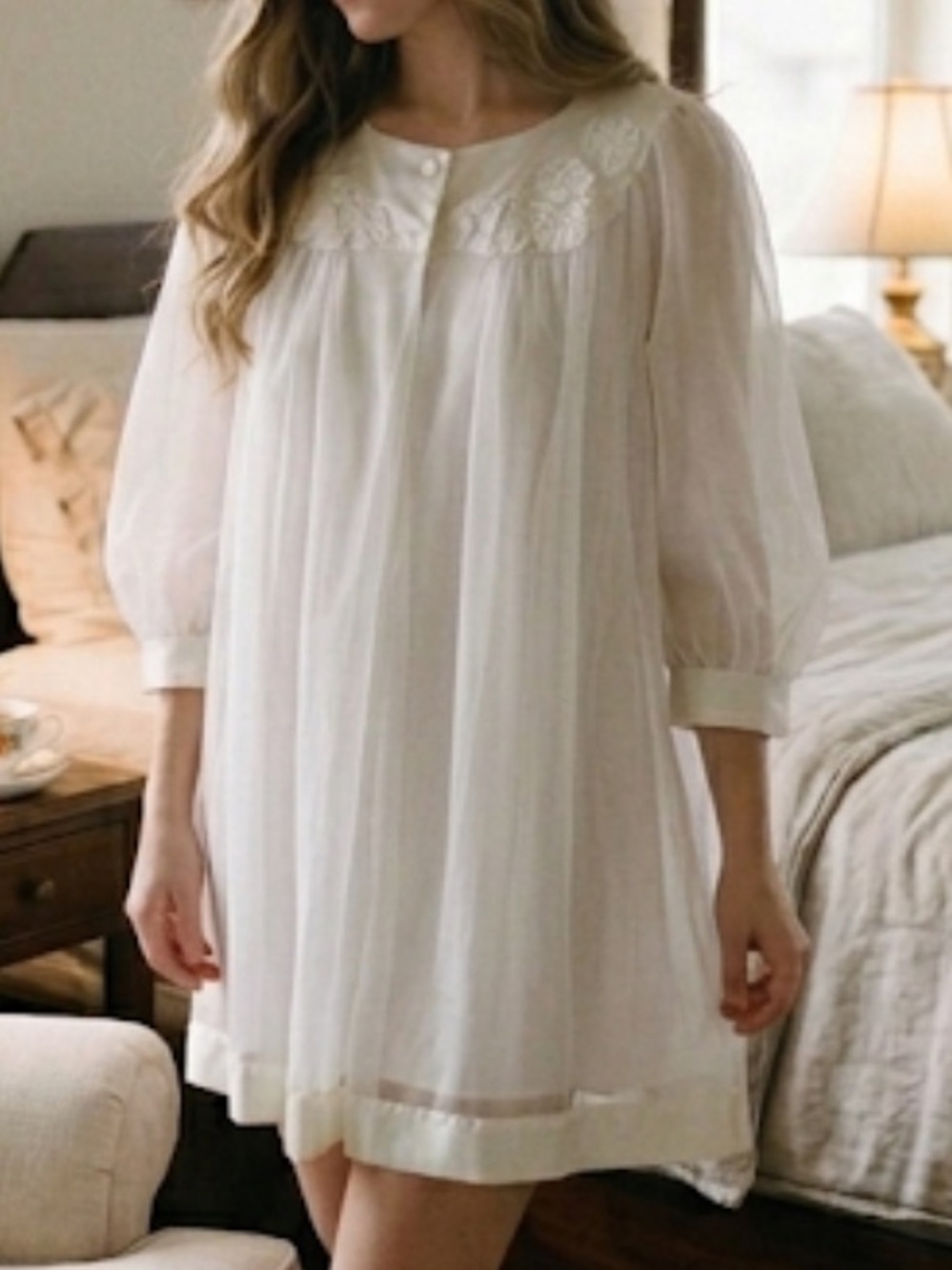 Gossard Artemis Nightgown Set Satin Trim 3/4 sleeve Sheer Ivory nightgown Sz MP - Picture 3 of 17